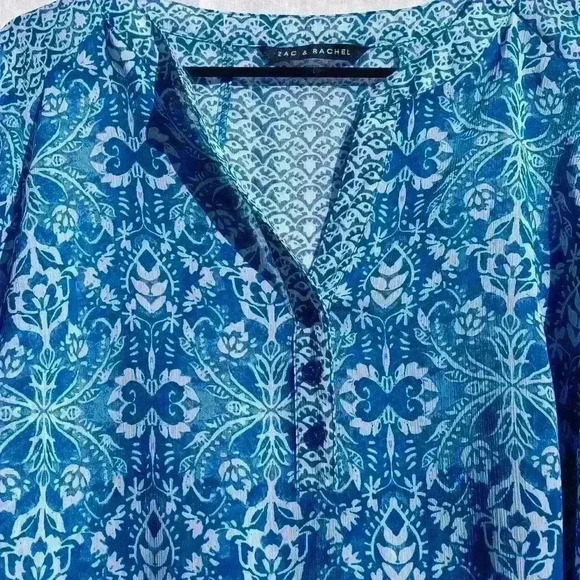 Womens L tunic boho cottage core hippie sheer blue white geo print blouse - Picture 3 of 7